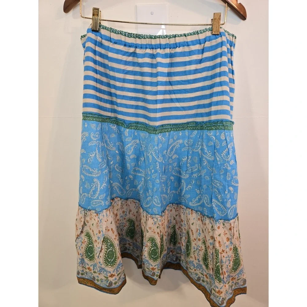 Overdrive Boho Tiered Skirt XL‎ Turquoise Patchwork Paisley Striped Festival